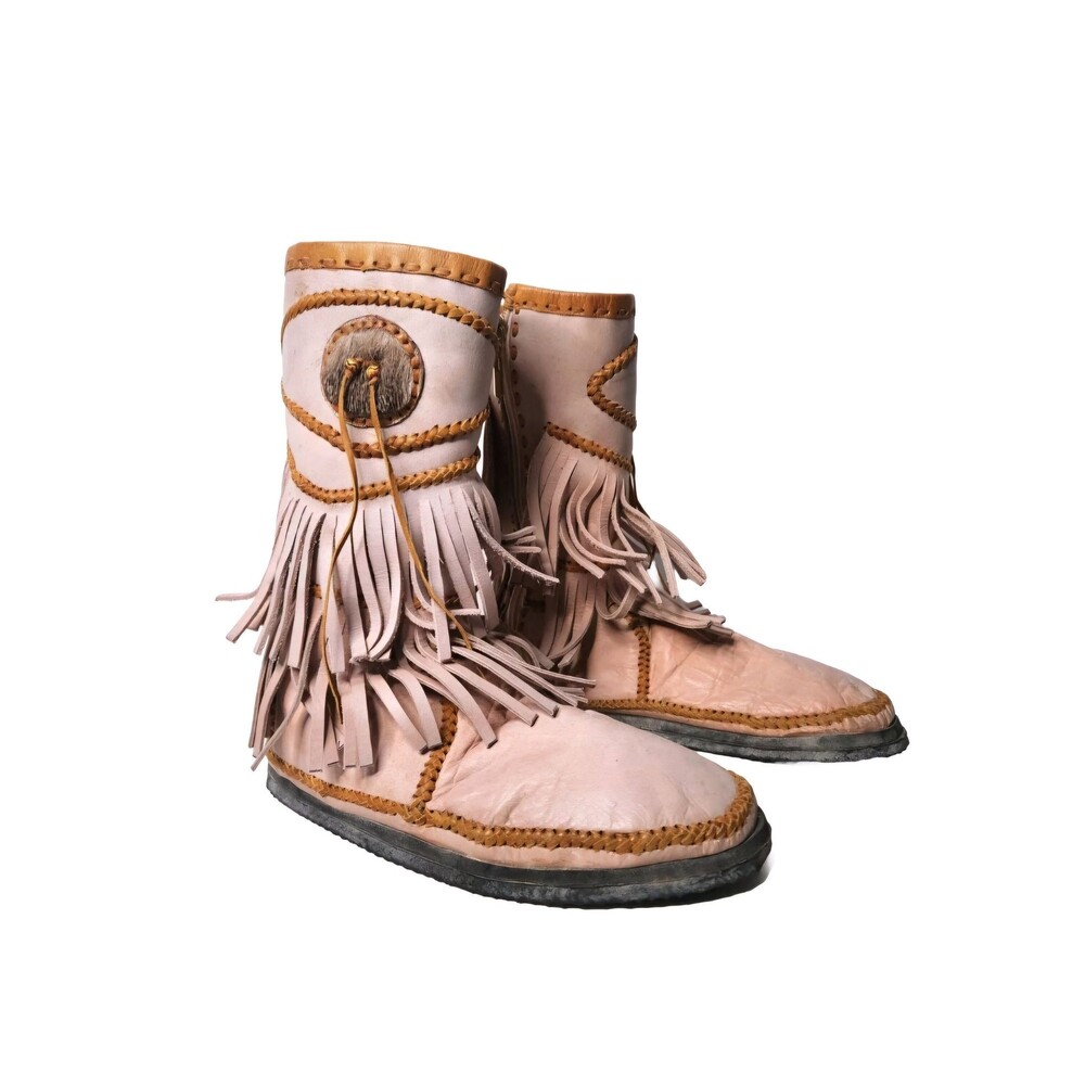 Light Pink Leather Boots & Fur Moccasins Fringes Navajo Southwestern Native 10